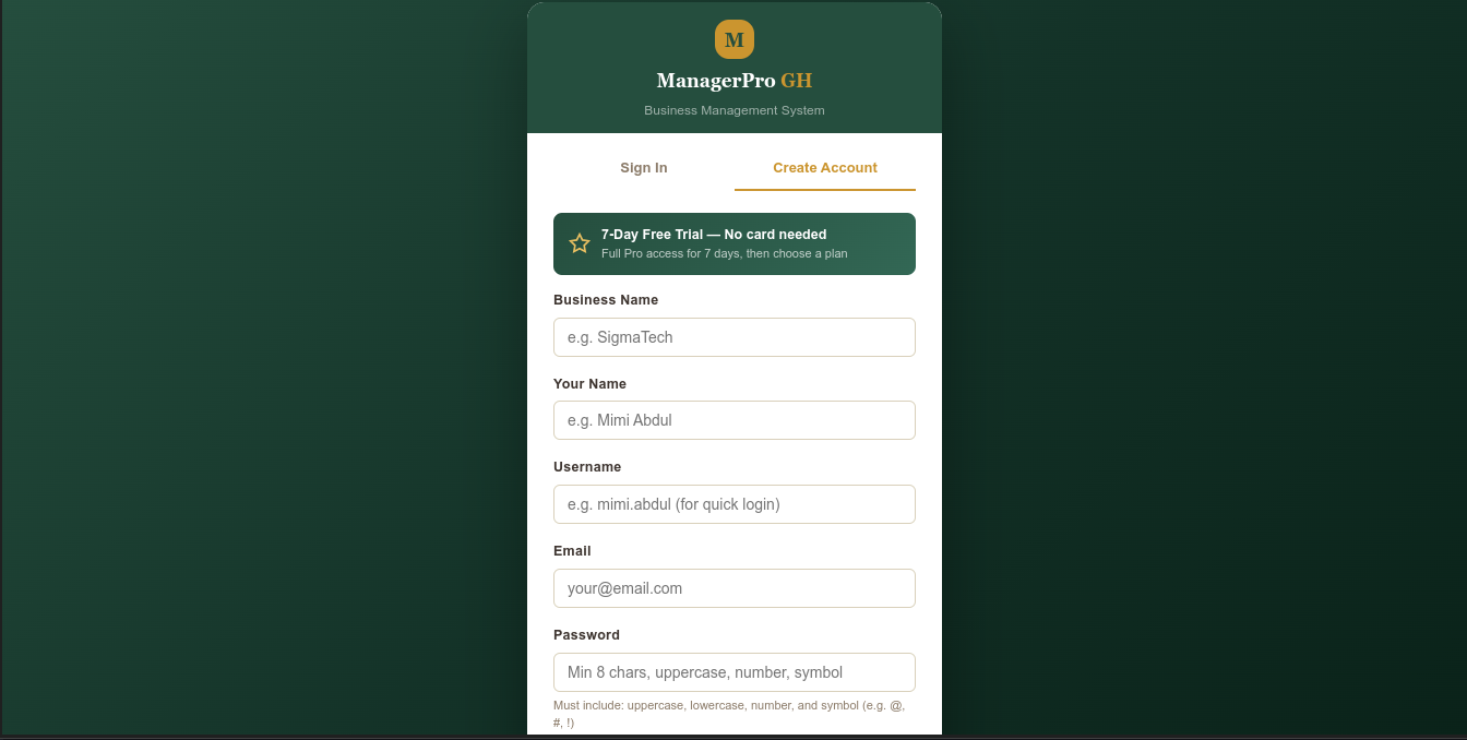 ManagerPro GH — Register screen