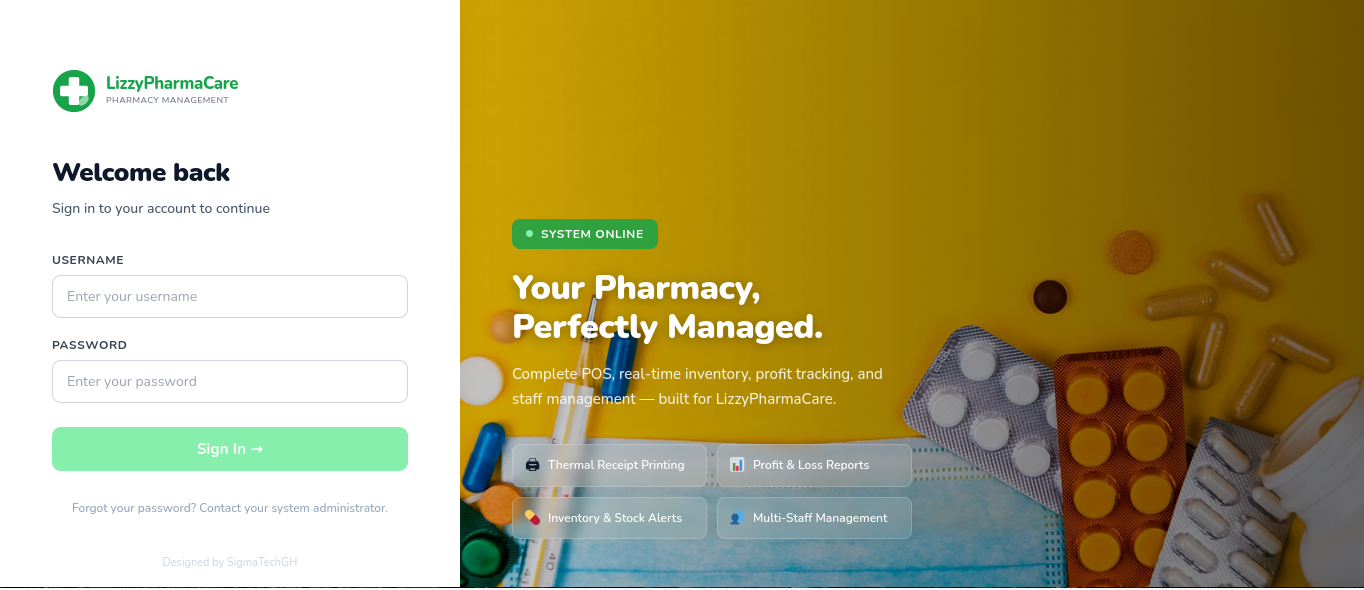 LizzyPharmaCare Login Screen