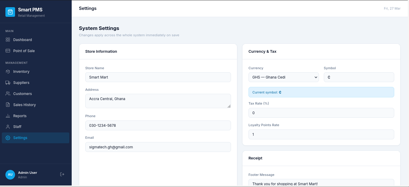 Smart Mart PMS Settings